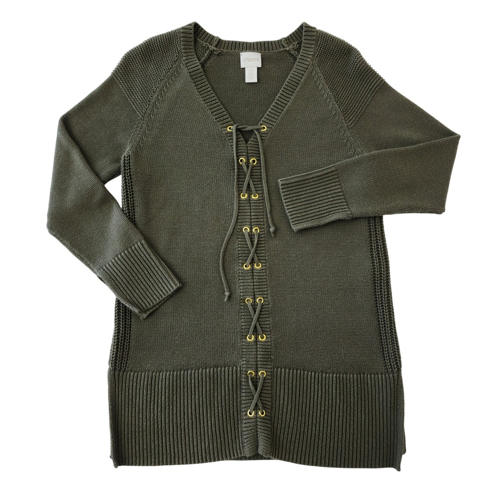 Chicos Olive Green Lace Up Front Knit Tunic Sweater Gold Grommets Size 0 S